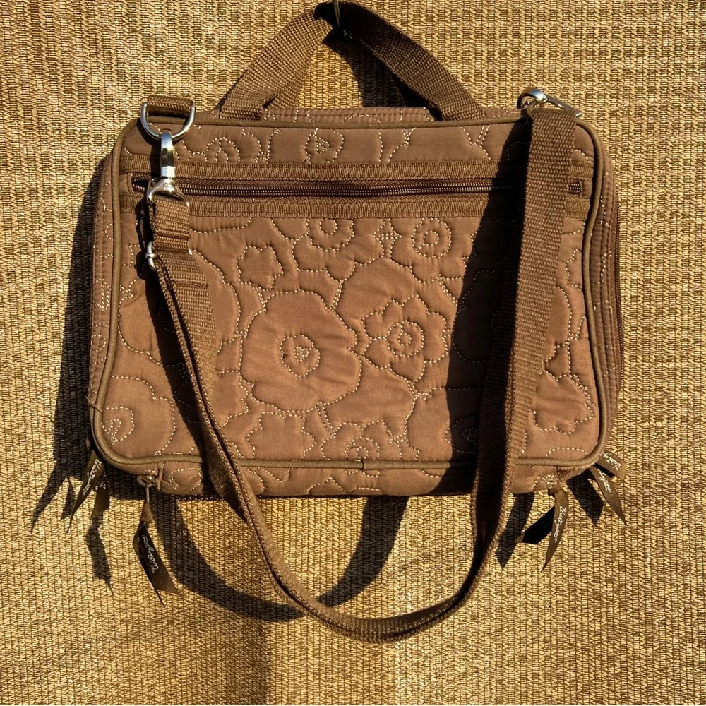 THIRTY ONE Brown Quilted Poppy Double Zip Cosmetic Bag Organizer Travel Handbag